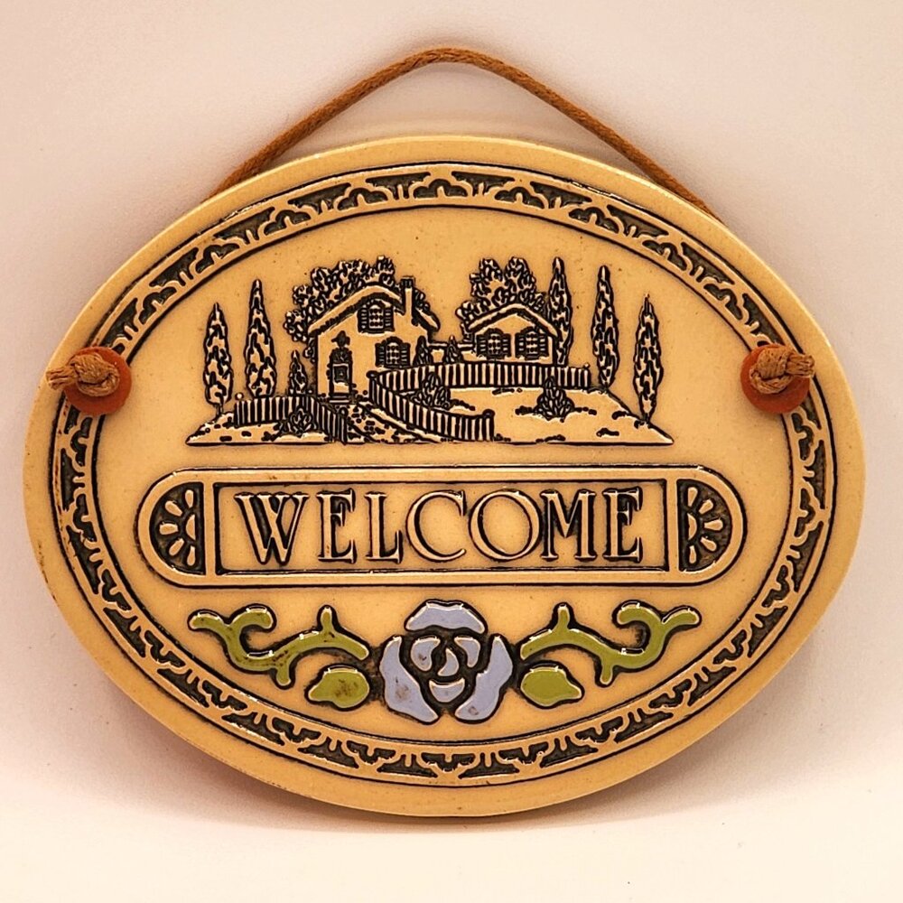 Vintage Trinity Pottery Wall Plaque Welcome Sign Blue Rose Pottery Hand Made '87